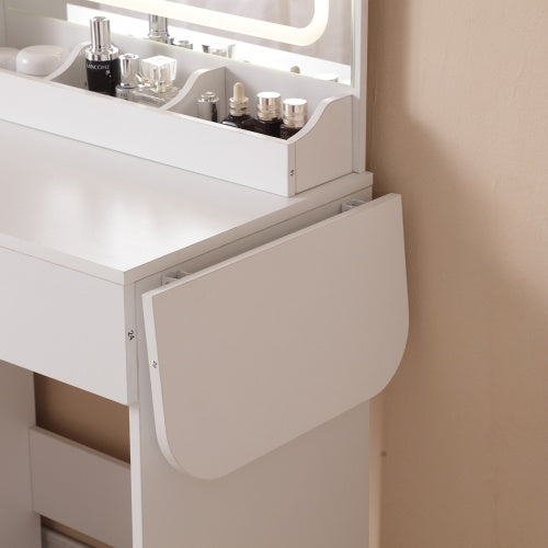 Luxe Divine Collection ~ Vanity Desk With Lighted Mirror & Power Outlet, Makeup Vanity Desk With Drawers And Large Storage Cabinet For Bedroom, 3 Lighting Modes Adjustable Brightness, Storage Stool, White