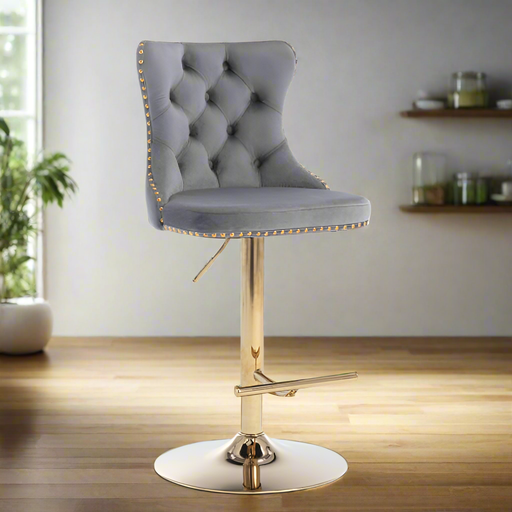 Luxe Divine Collection ~ Golden Swivel Velvet Barstools Adjustable Seat Height From 25-33 Inch Gray, Nailhead Trim, Set Of 2