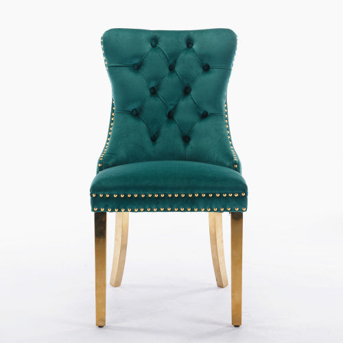 Luxe Divine Collection ~ Luxury Tufted Solid Wood Velvet Upholstered Dining Chair With Golden Stainless Steel Plating Legs, Nailhead Trim, Set Of 2