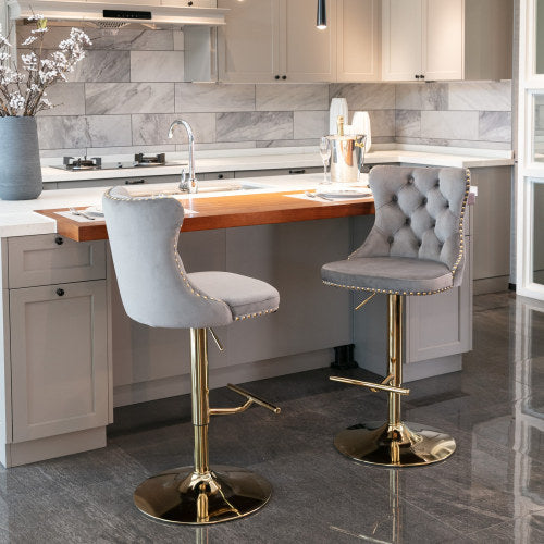 Luxe Divine Collection ~ Golden Swivel Velvet Barstools Adjustable Seat Height From 25-33 Inch Gray, Nailhead Trim, Set Of 2