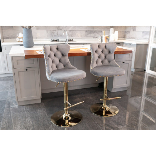Luxe Divine Collection ~ Golden Swivel Velvet Barstools Adjustable Seat Height From 25-33 Inch Gray, Nailhead Trim, Set Of 2
