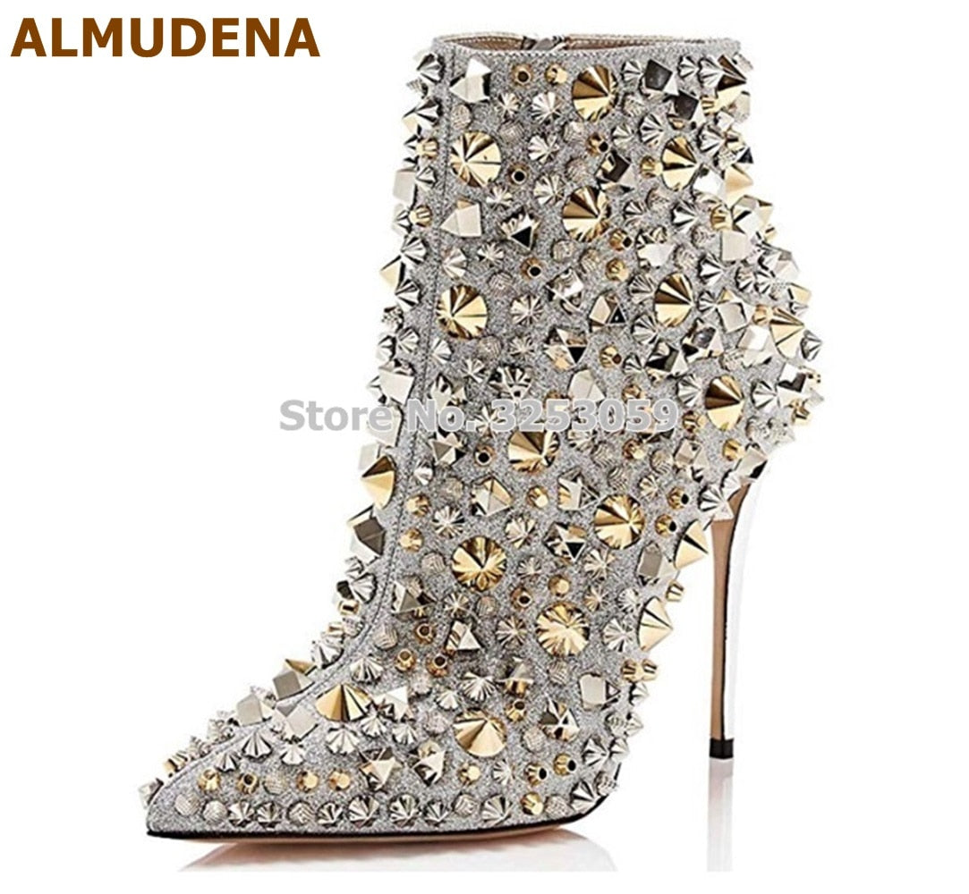 Luxe Divine Collection ~ Glitter Gold Metallic Studs Ankle Boots Stiletto Heel Silver Shell Spikes Pointed Toe Booties