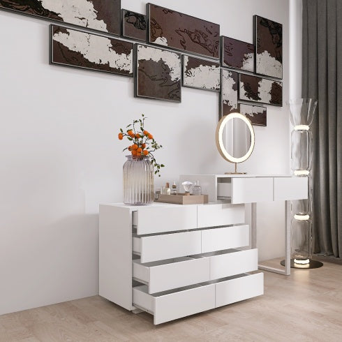 Luxe Divine Collection ~ Extended Desktop Vanity with 10 Drawers Chest Of Drawer Without Handle White