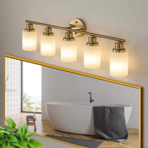 Luxe Divine Collection ~ 5 Lamps Gold Bathroom Vanity Lamp, Frosted Glass Shade, Modern Wall Mounted Lighting Chandelier