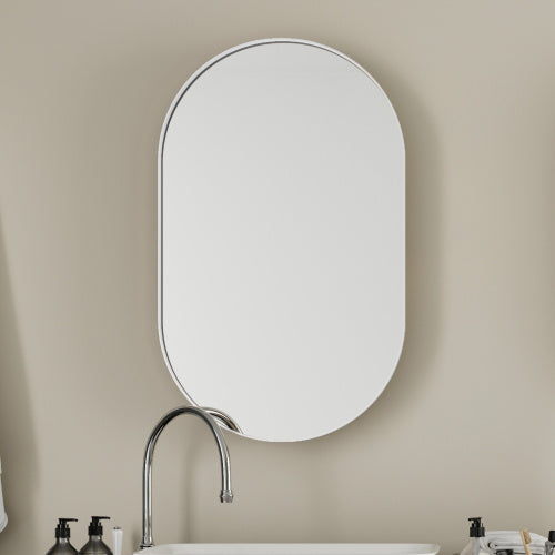 Luxe Divine Collection ~ 20x34 Inch Oval Recessed Metal Frame Bathroom Wall Cabinet With Mirror And Adjustable Shelves