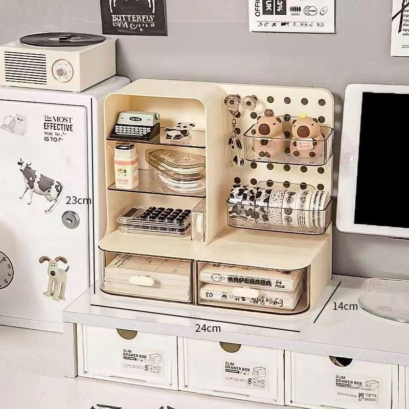 Luxe Divine Collection ~ Adorable Desk Organizer with Hook Drawer, Hole Board, Card Display Stand, Desktop Storage Box, and Stationery Storage Rack