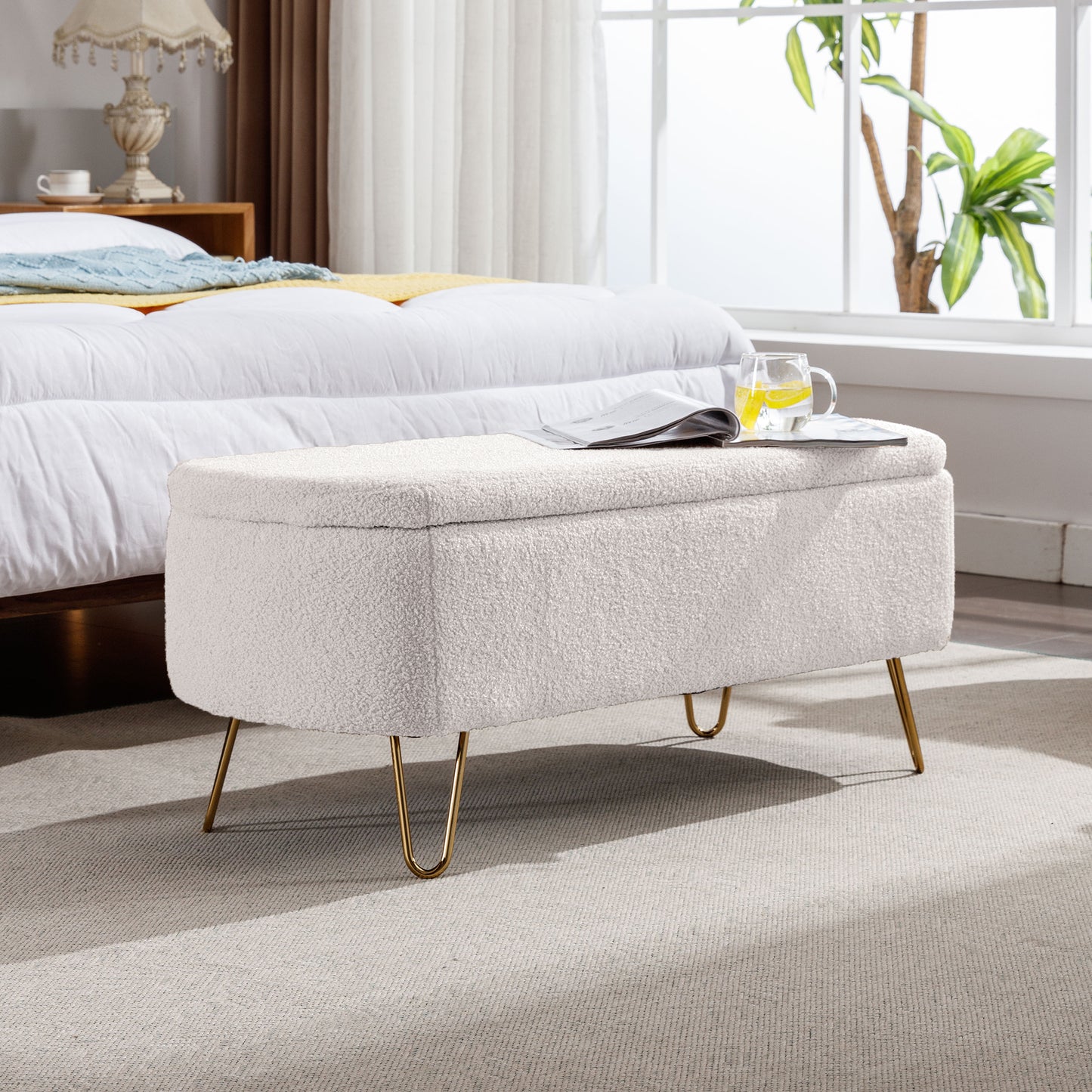 Luxe Divine Collection ~ Ivory White Storage Ottoman Bench for End of Bed Gold Legs