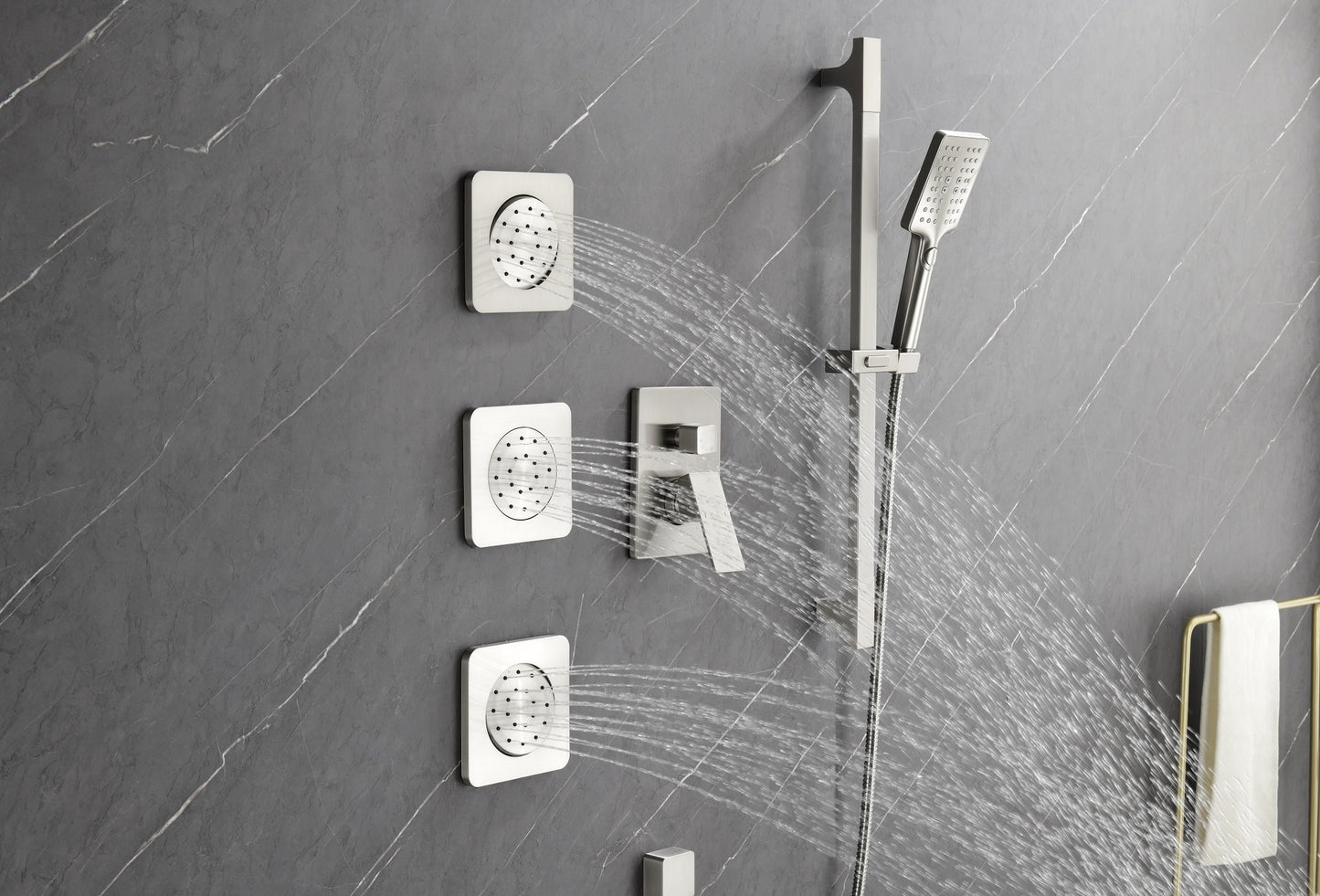 Luxe Divine Collection ~ Shower System With Shower Head, Hand Shower, Slide Bar, Sprayer, Shower Arm, Hose, Valve Trim And Lever Handle