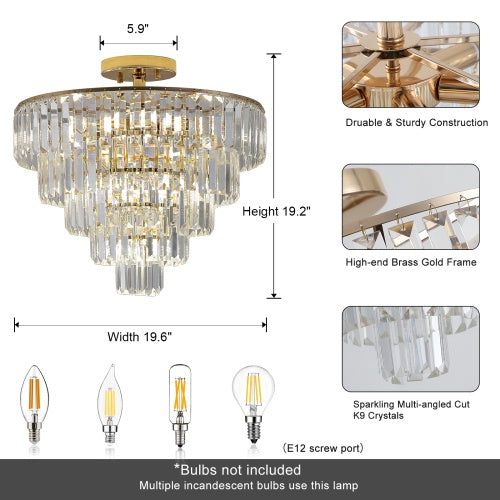 Luxe Divine Collection ~ Golden Crystal Chandelier, 5-layer Round Semi-recessed Chandelier Lamp, Large Modern Luxury Chandelier, Suitable For Living Room, Dining Room, Bedroom, Corridor