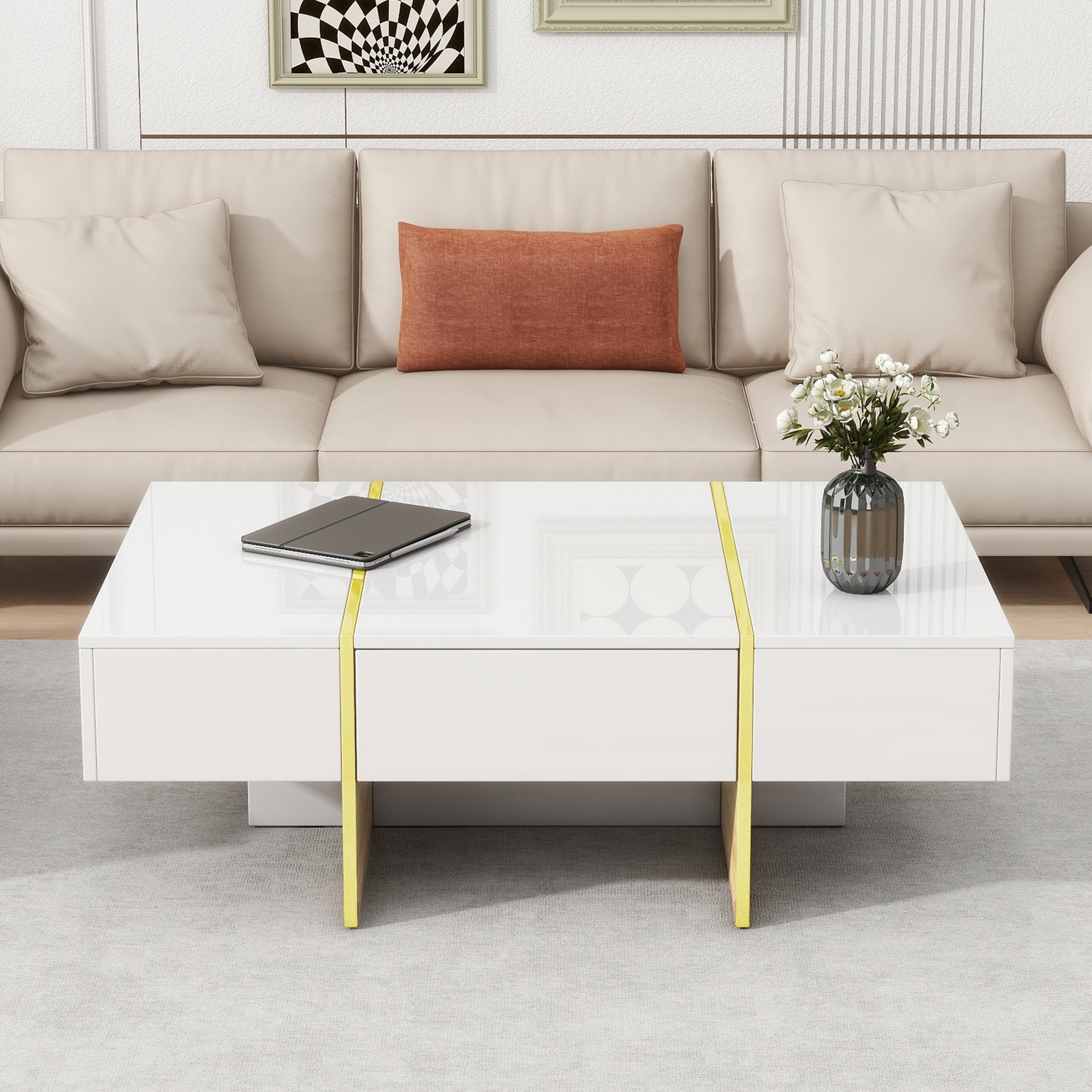 Luxe Divine Collection ~ 47.2 inch x 31.4 inch Multifunctional Rectangular Sofa Table with 2 drawers and Gold Wood Grain Leg Center Table, white