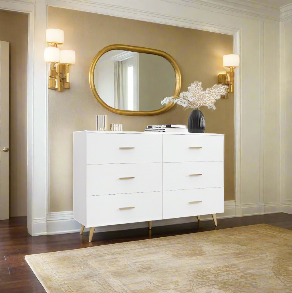 Luxe Divine Collection ~ High Glossy Surface 6 Drawers Chest Of Drawer With Golden Handle And Golden Steel Legs White Color Vanity