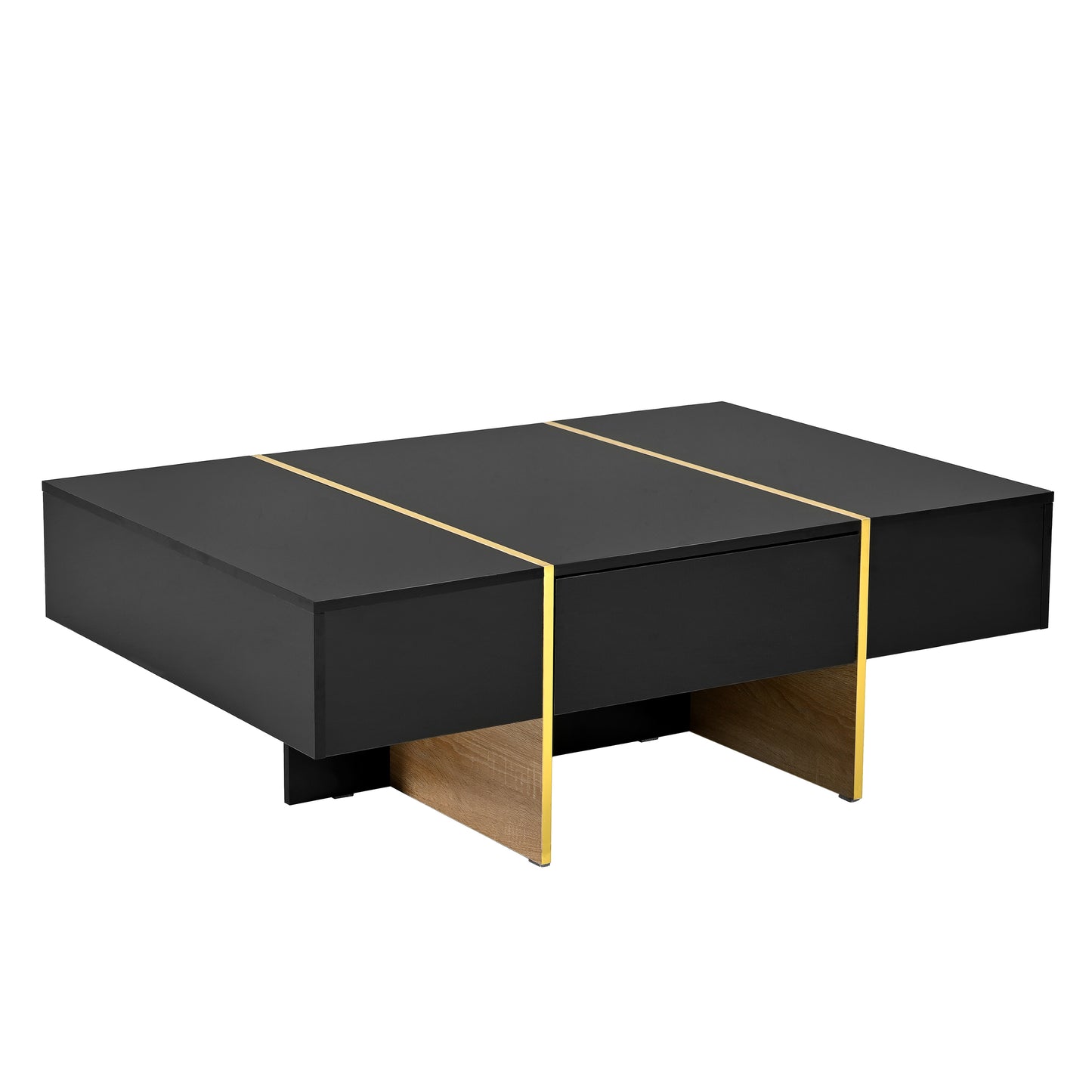 Luxe Divine Collection ~ 47.2 inch x 31.4 inch multifunctional rectangular sofa table with 2 drawers and gold wood grain leg center table, black