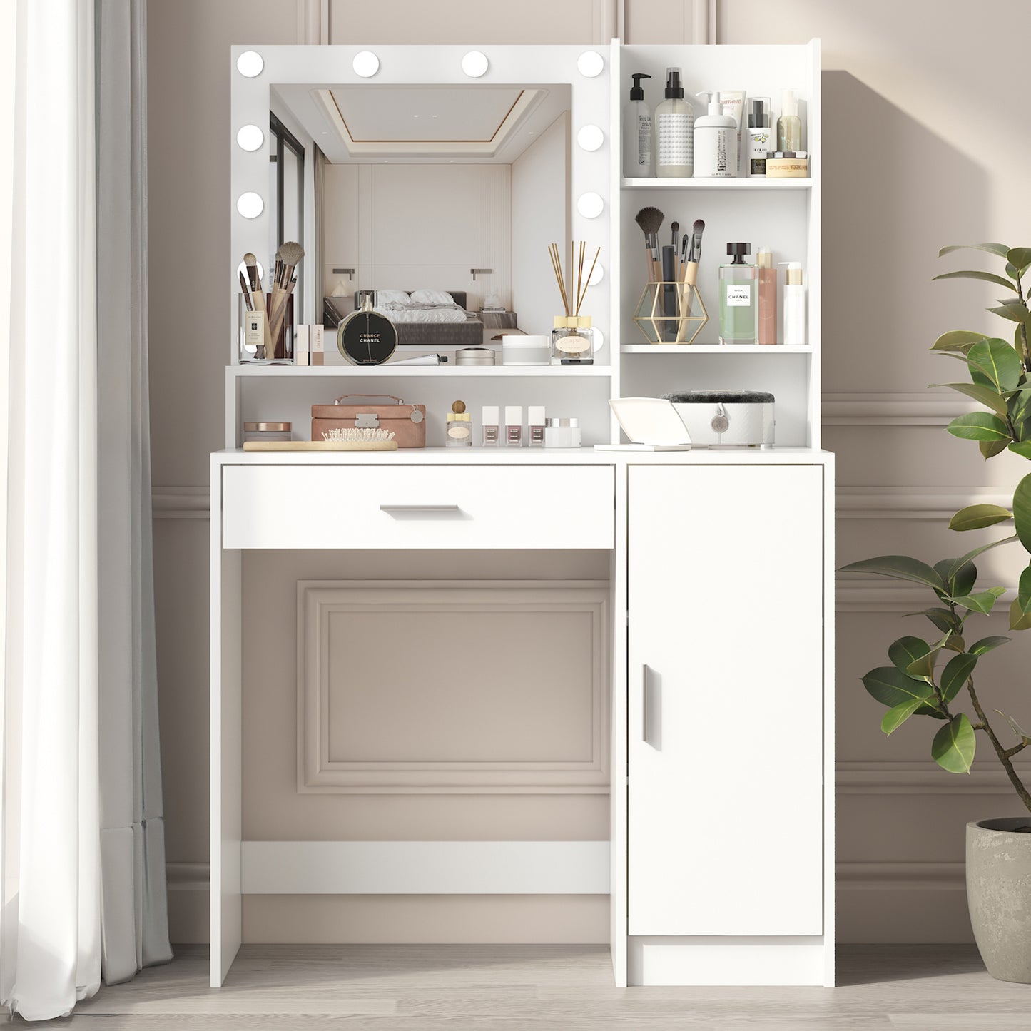 Luxe Divine Collection ~ White Make-up Vanity Table With Mirror And Lamp