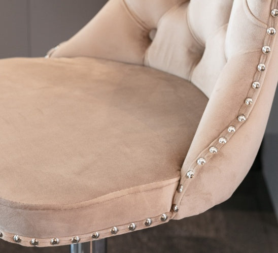 Luxe Divine Collection ~ Rotating Velvet Bar Stool Beige, Silver Nailhead Trim, Set of 2