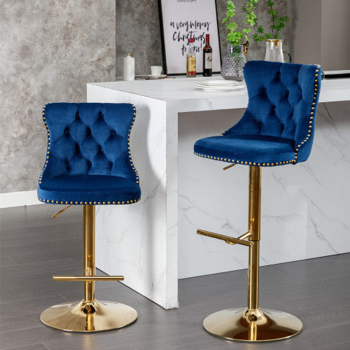 Luxe Divine Collection ~ Golden Swivel Velvet Barstools Adjustable Seat Height From 25-33 Inch Blue, Nailhead Trim, Set Of 2