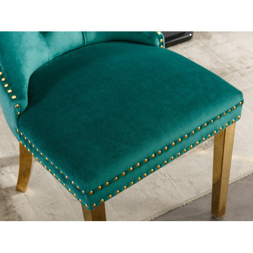 Luxe Divine Collection ~ Luxury Tufted Solid Wood Velvet Upholstered Dining Chair With Golden Stainless Steel Plating Legs, Nailhead Trim, Set Of 2