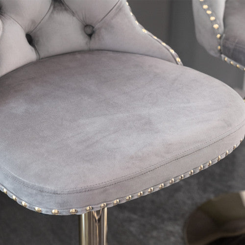 Luxe Divine Collection ~ Golden Swivel Velvet Barstools Adjustable Seat Height From 25-33 Inch Gray, Nailhead Trim, Set Of 2