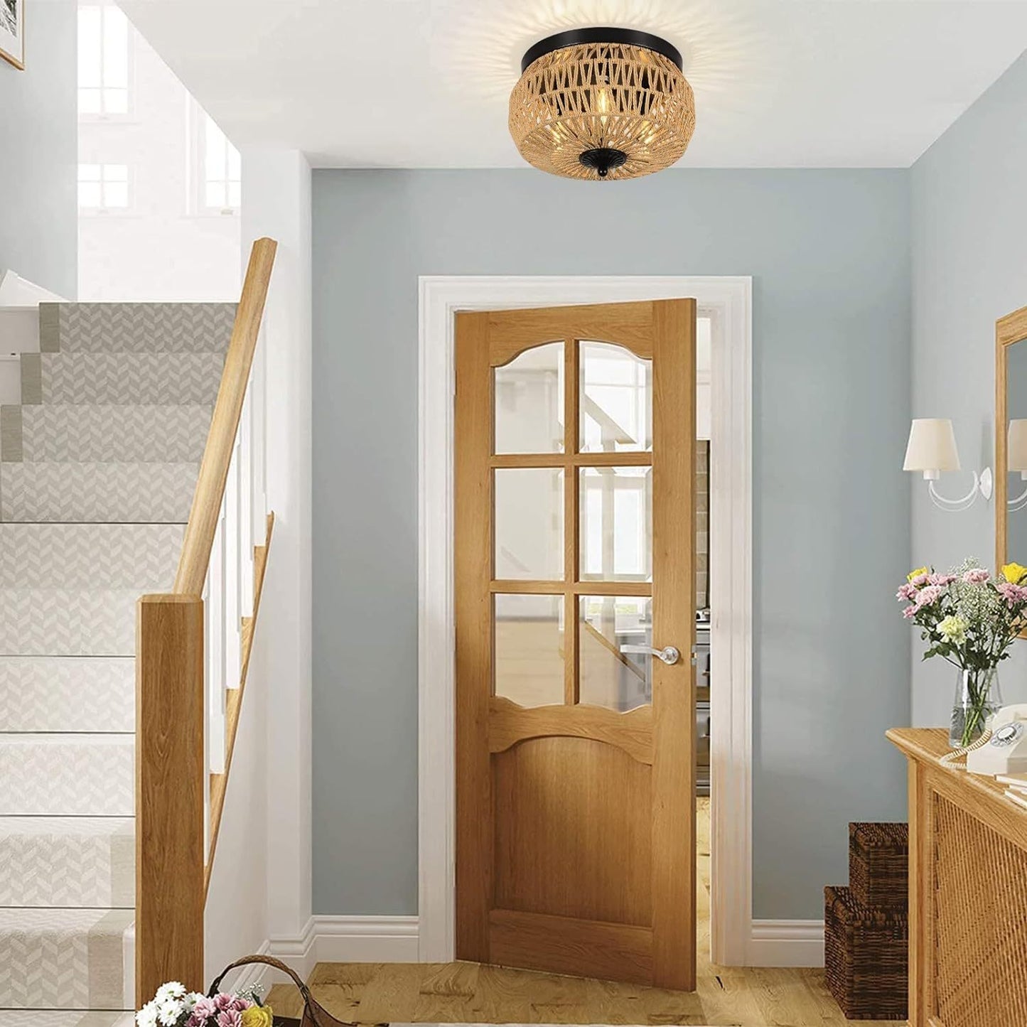 Luxe Divine Collection ~ 3 Lamp Woven Rattan Recessed Chandelier With Handmade Cage Lampshade