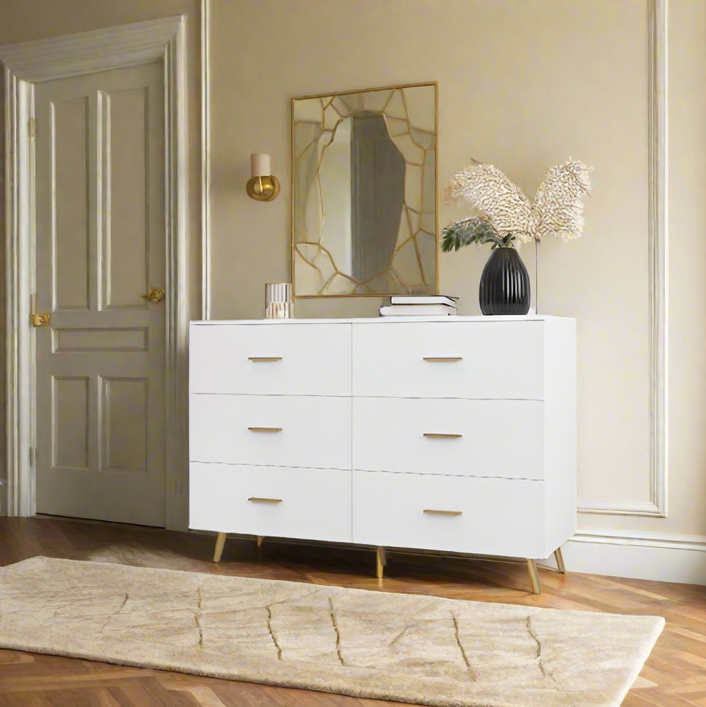 Luxe Divine Collection ~ High Glossy Surface 6 Drawers Chest Of Drawer With Golden Handle And Golden Steel Legs White Color Vanity