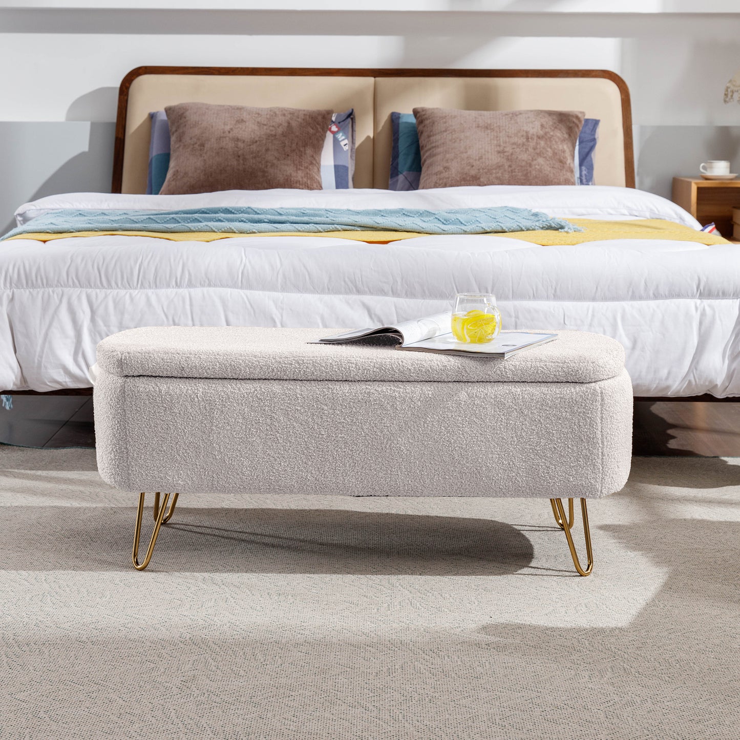 Luxe Divine Collection ~ Ivory White Storage Ottoman Bench for End of Bed Gold Legs