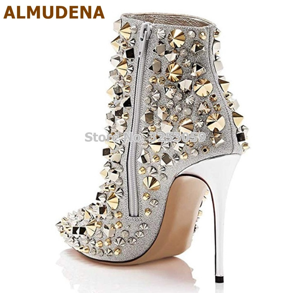 Luxe Divine Collection ~ Glitter Gold Metallic Studs Ankle Boots Stiletto Heel Silver Shell Spikes Pointed Toe Booties