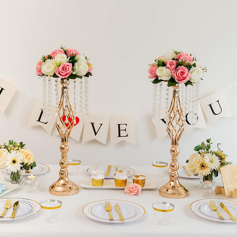 Luxe Divine Collection ~ Gold-Plated Wrought Iron Metal Flower Stand or Candle Holder with Crystal Acrylic Beads Hanging