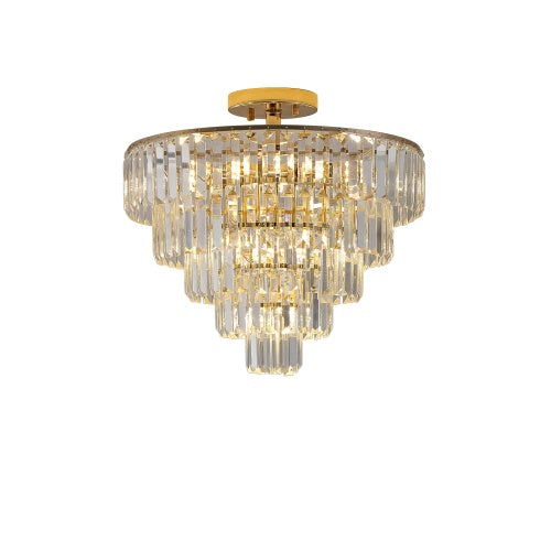 Luxe Divine Collection ~ Golden Crystal Chandelier, 5-layer Round Semi-recessed Chandelier Lamp, Large Modern Luxury Chandelier, Suitable For Living Room, Dining Room, Bedroom, Corridor
