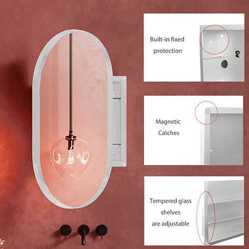 Luxe Divine Collection ~ 20x34 Inch Oval Recessed Metal Frame Bathroom Wall Cabinet With Mirror And Adjustable Shelves