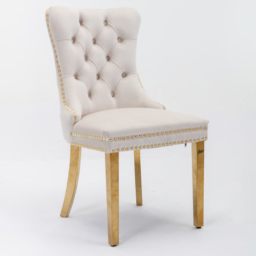 Luxe Divine Collection ~ Luxury Tufted Solid Wood Velvet Upholstered Dining Chair With Golden Stainless Steel Plating Legs, Nailhead Trim, Set of 2