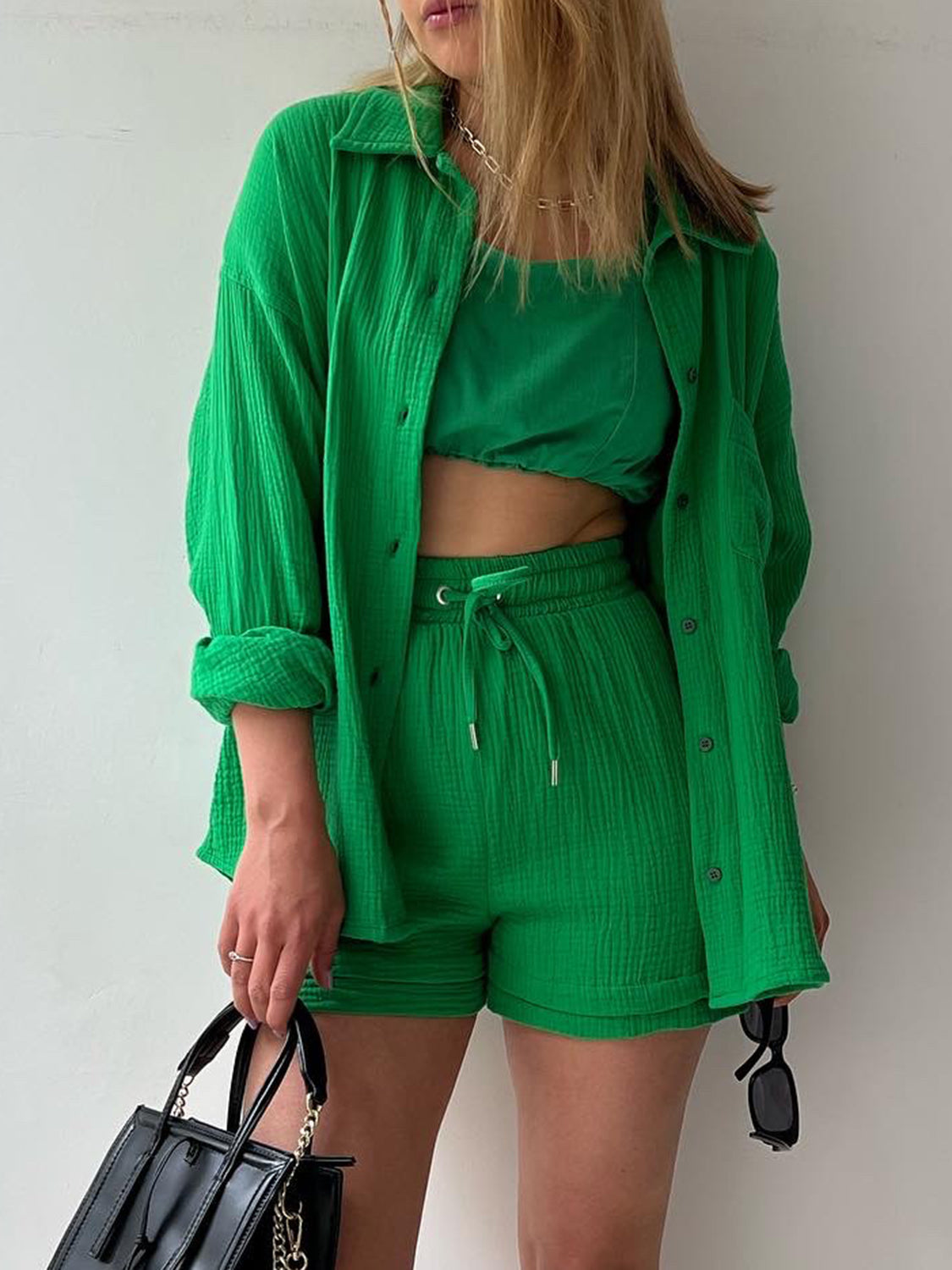 Luxe Divine Collection ~ Texture Button Up Shirt and Drawstring Shorts Set
