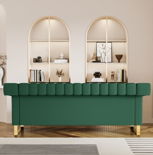Luxe Divine Collection ~ Sleek Channel-Tufted Upholstery, 3-Seat Sofa with Gold Accents