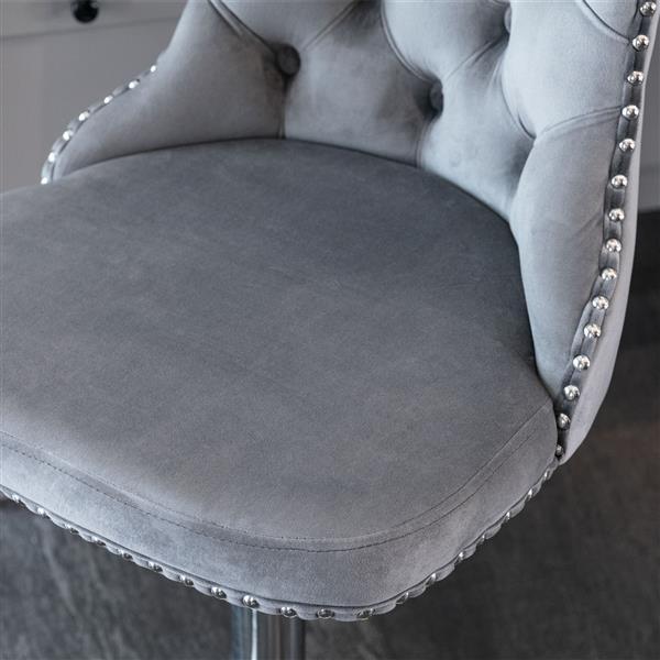 Luxe Divine Collection ~ Rotating Velvet Bar Stool Gray, Silver Nailhead Trim, Set of 2