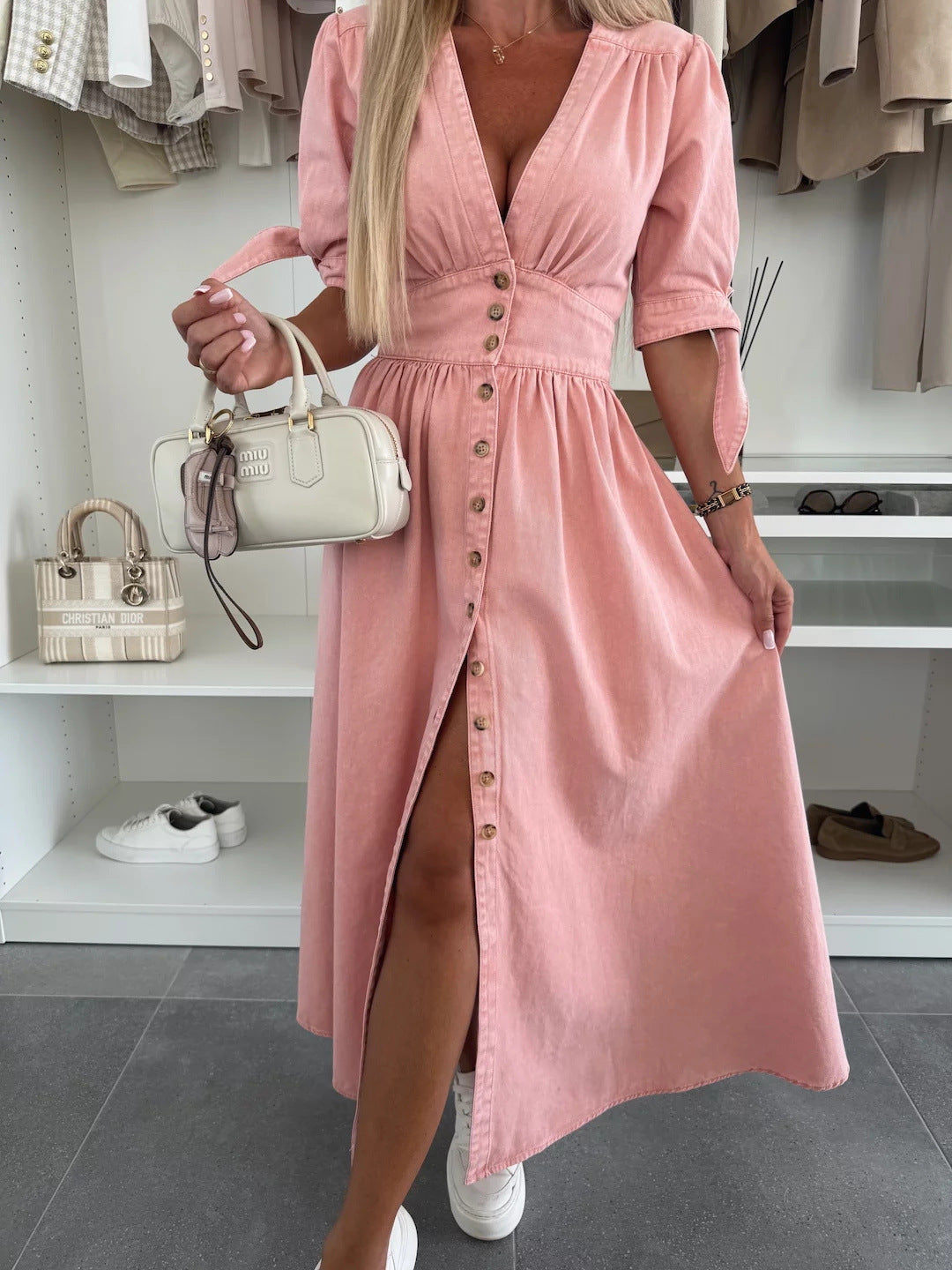 Luxe Divine Collection ~ V-neck Long Button Denim Dress