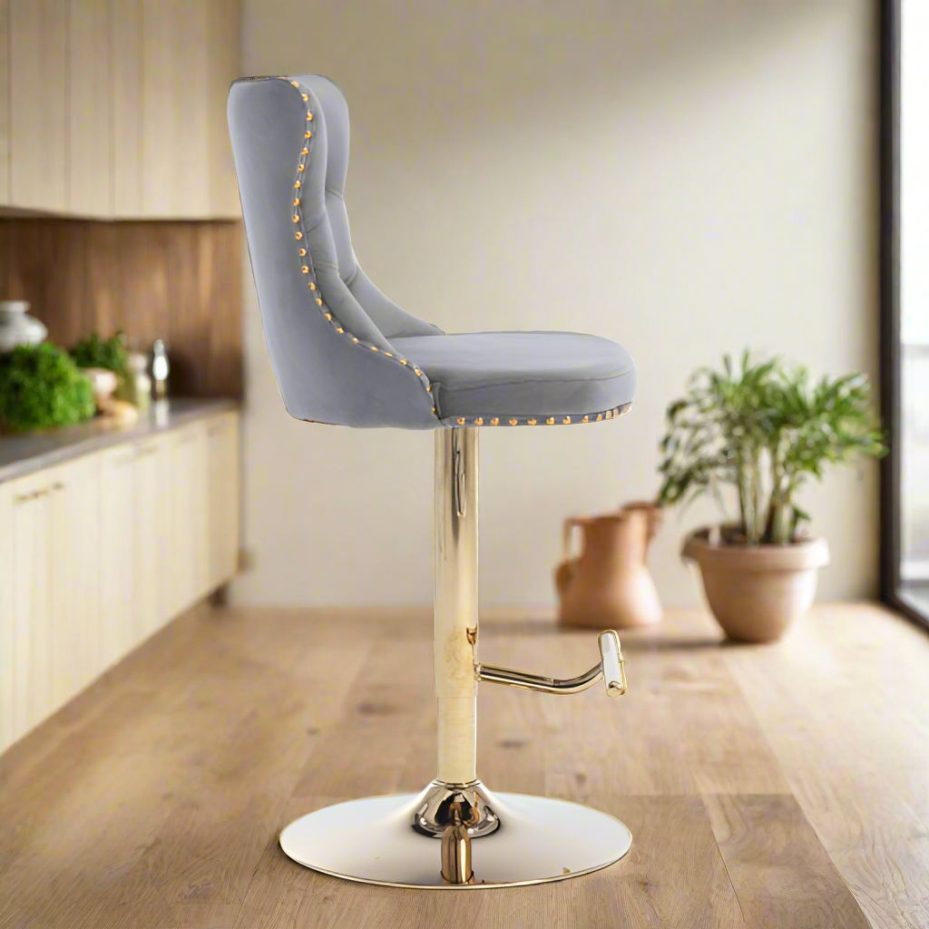 Luxe Divine Collection ~ Golden Swivel Velvet Barstools Adjustable Seat Height From 25-33 Inch Gray, Nailhead Trim, Set Of 2