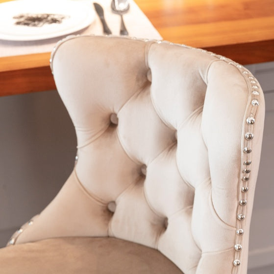 Luxe Divine Collection ~ Rotating Velvet Bar Stool Beige, Silver Nailhead Trim, Set of 2