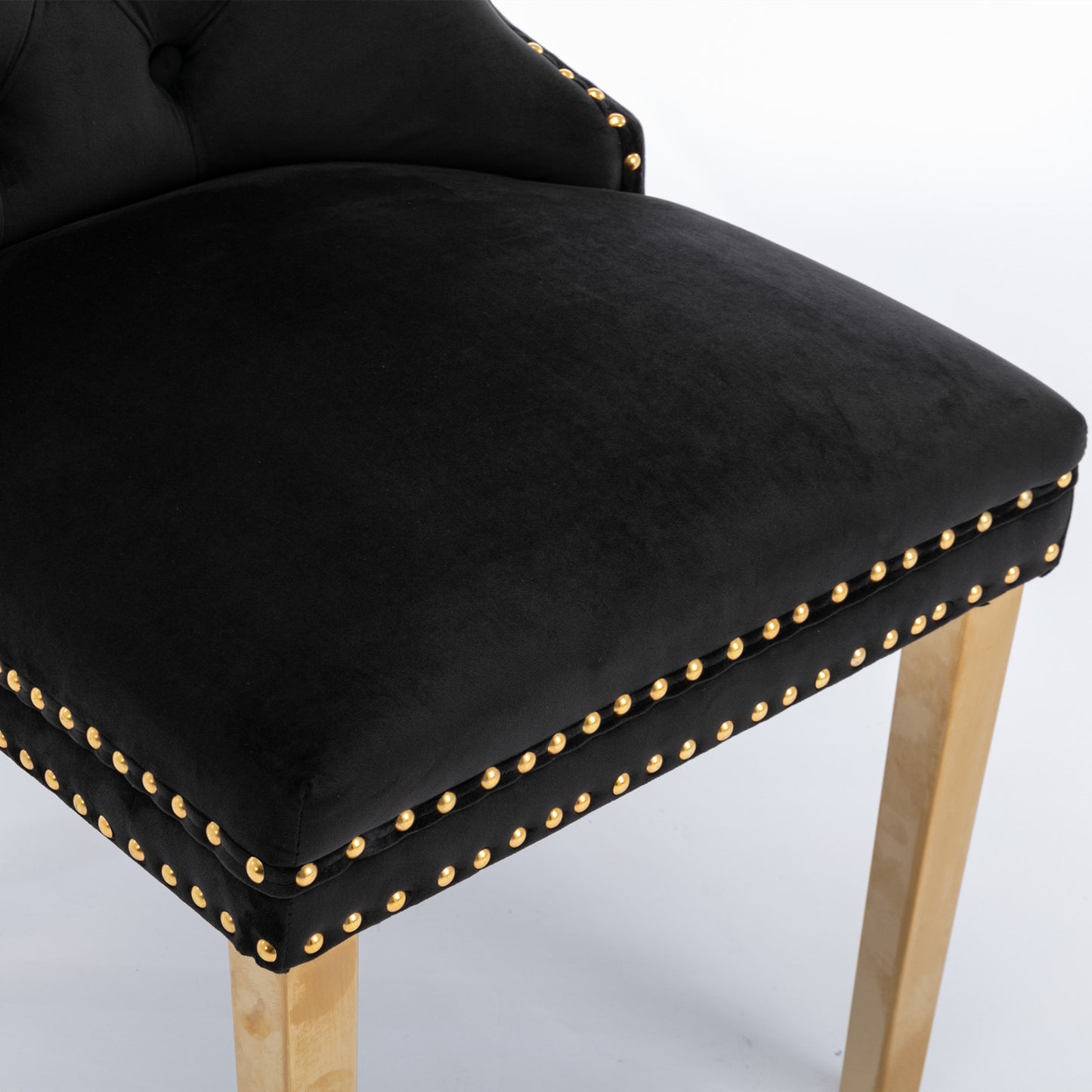 Luxe Divine Collection ~ Black Solid wood velvet cushion chair, gold-plated stainless steel chair leg nail head decoration 2-piece set in black and gold