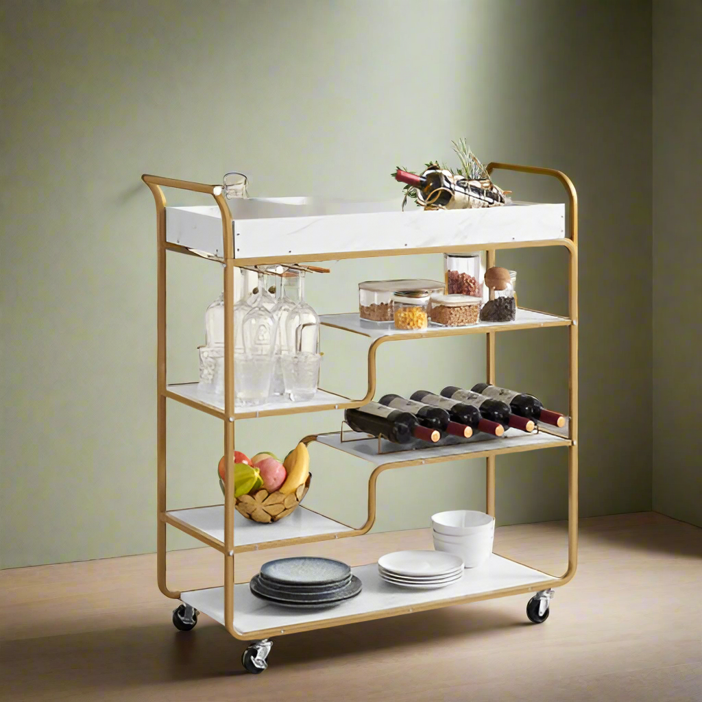 Luxe Divine Collection ~ 6-Tier Rolling Bar Serving Cart, Retro Style Wine Cart, With Wine Rack And Glass Holder, For Living Room and Dining Room
