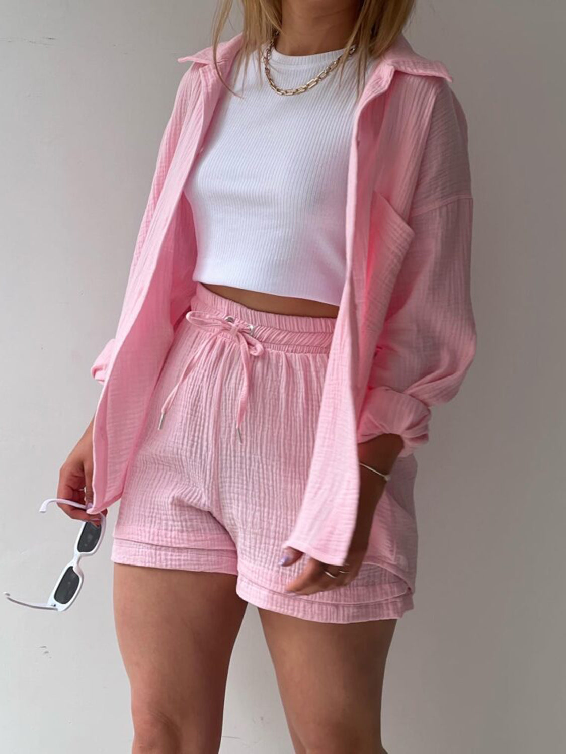 Luxe Divine Collection ~ Texture Button Up Shirt and Drawstring Shorts Set