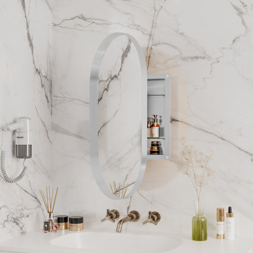 Luxe Divine Collection ~ 20x34 Inch Oval Recessed Metal Frame Bathroom Wall Cabinet With Mirror And Adjustable Shelves