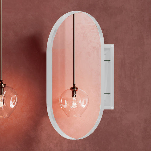 Luxe Divine Collection ~ 20x34 Inch Oval Recessed Metal Frame Bathroom Wall Cabinet With Mirror And Adjustable Shelves