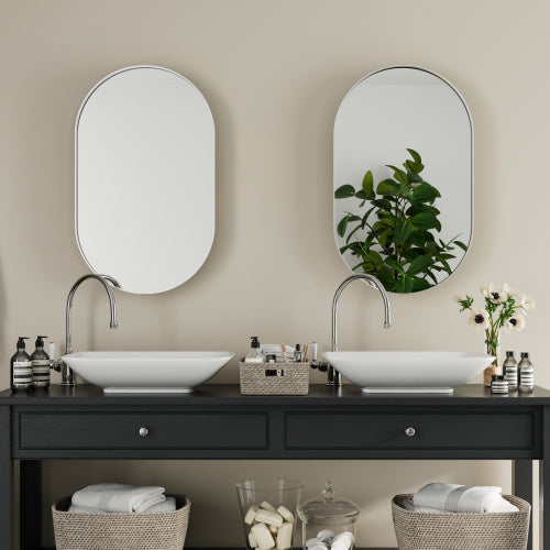 Luxe Divine Collection ~ 20x34 Inch Oval Recessed Metal Frame Bathroom Wall Cabinet With Mirror And Adjustable Shelves