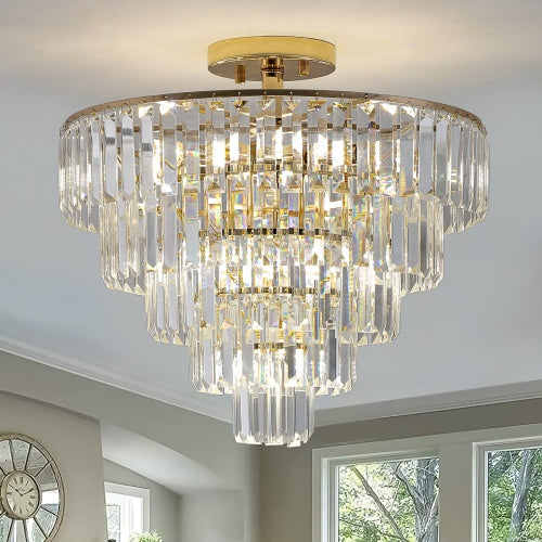 Luxe Divine Collection ~ Golden Crystal Chandelier, 5-layer Round Semi-recessed Chandelier Lamp, Large Modern Luxury Chandelier, Suitable For Living Room, Dining Room, Bedroom, Corridor