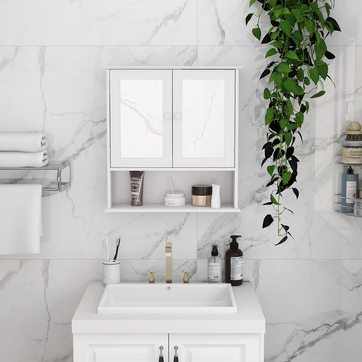 Luxe Divine Collection ~ Bathroom Wall Cabinet With Double Mirror Doors And Shelves