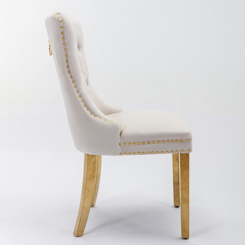 Luxe Divine Collection ~ Luxury Tufted Solid Wood Velvet Upholstered Dining Chair With Golden Stainless Steel Plating Legs, Nailhead Trim, Set of 2