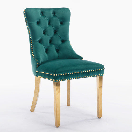 Luxe Divine Collection ~ Luxury Tufted Solid Wood Velvet Upholstered Dining Chair With Golden Stainless Steel Plating Legs, Nailhead Trim, Set Of 2