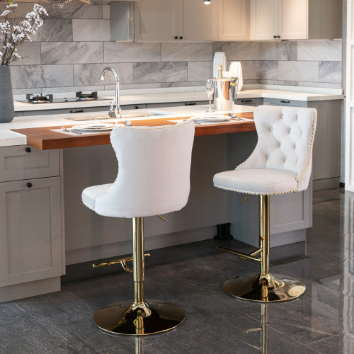Luxe Divine Collection ~ Golden Swivel Velvet Barstools Adjustable Seat Height From 25-33 Inch Beige, Nailhead Trim, Set Of 2