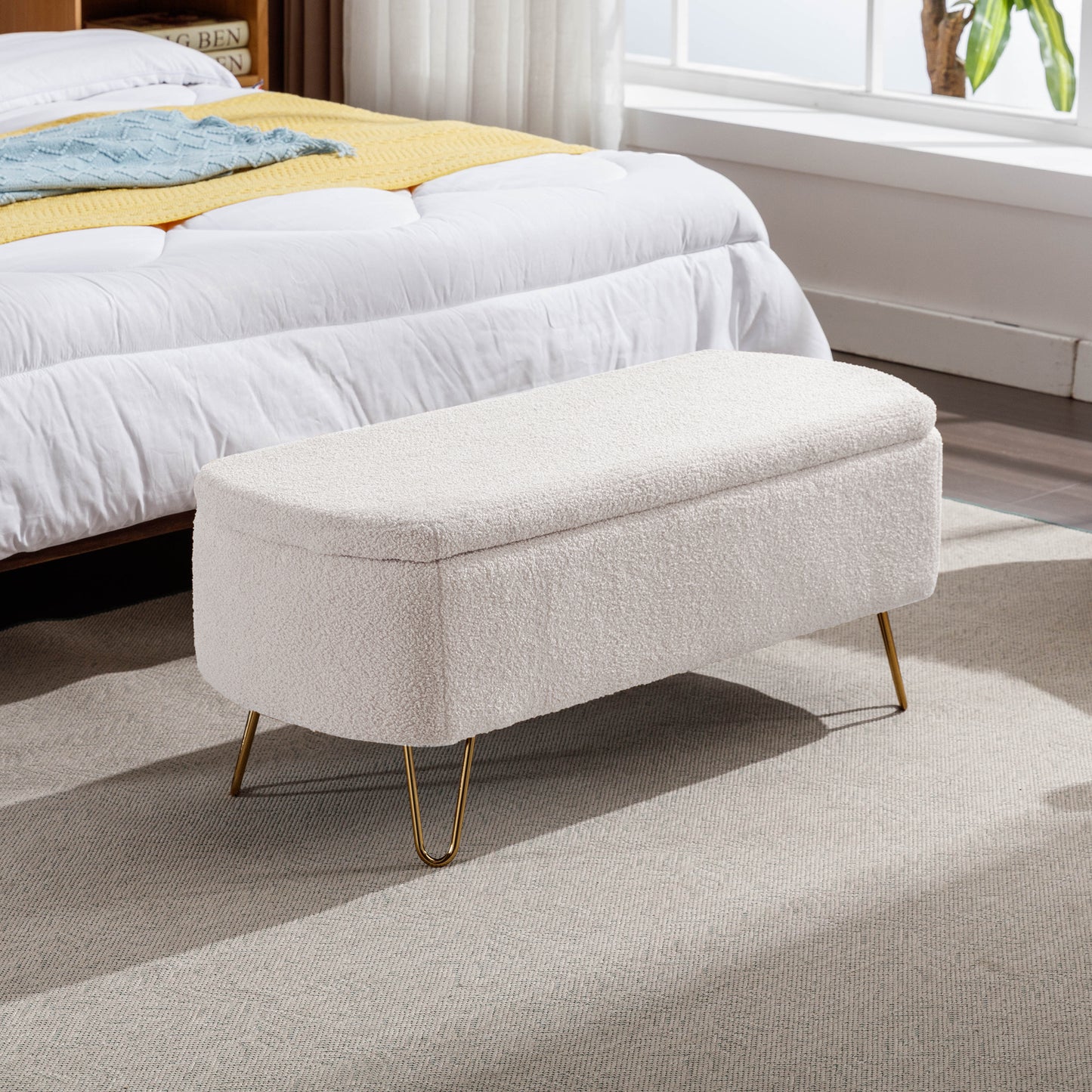 Luxe Divine Collection ~ Ivory White Storage Ottoman Bench for End of Bed Gold Legs