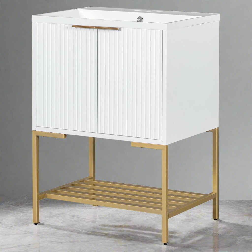 Luxe Divine Collection ~ 24 Inches Bathroom Vanity With Two Doors And Gold Metal Frame, Open Storage Shelves, White