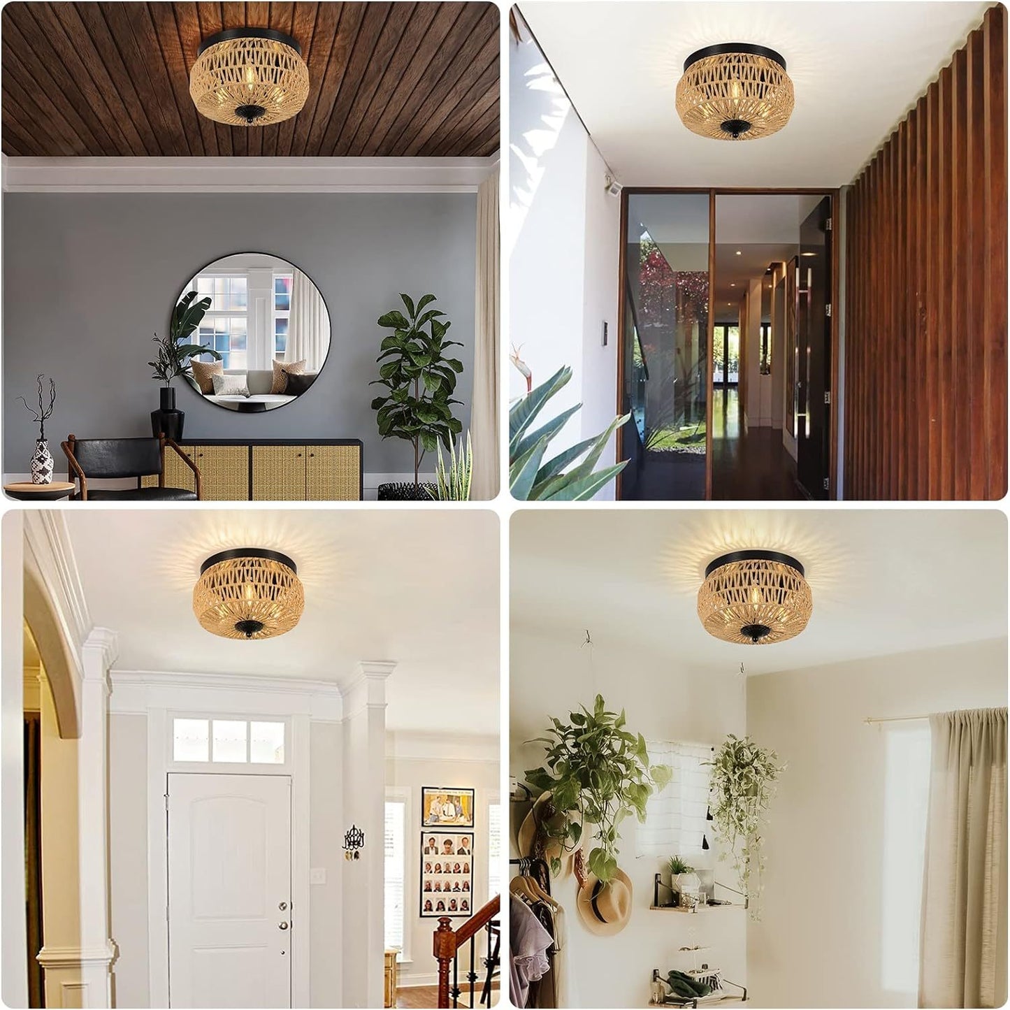Luxe Divine Collection ~ 3 Lamp Woven Rattan Recessed Chandelier With Handmade Cage Lampshade
