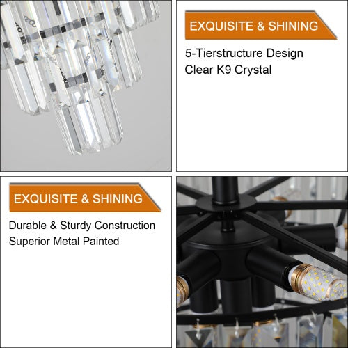 Luxe Divine Collection ~ Large Black Crystal Chandelier, Contemporary Style Chandelier, Dining Room, Living Room, Bedroom - Bulb Not Included
